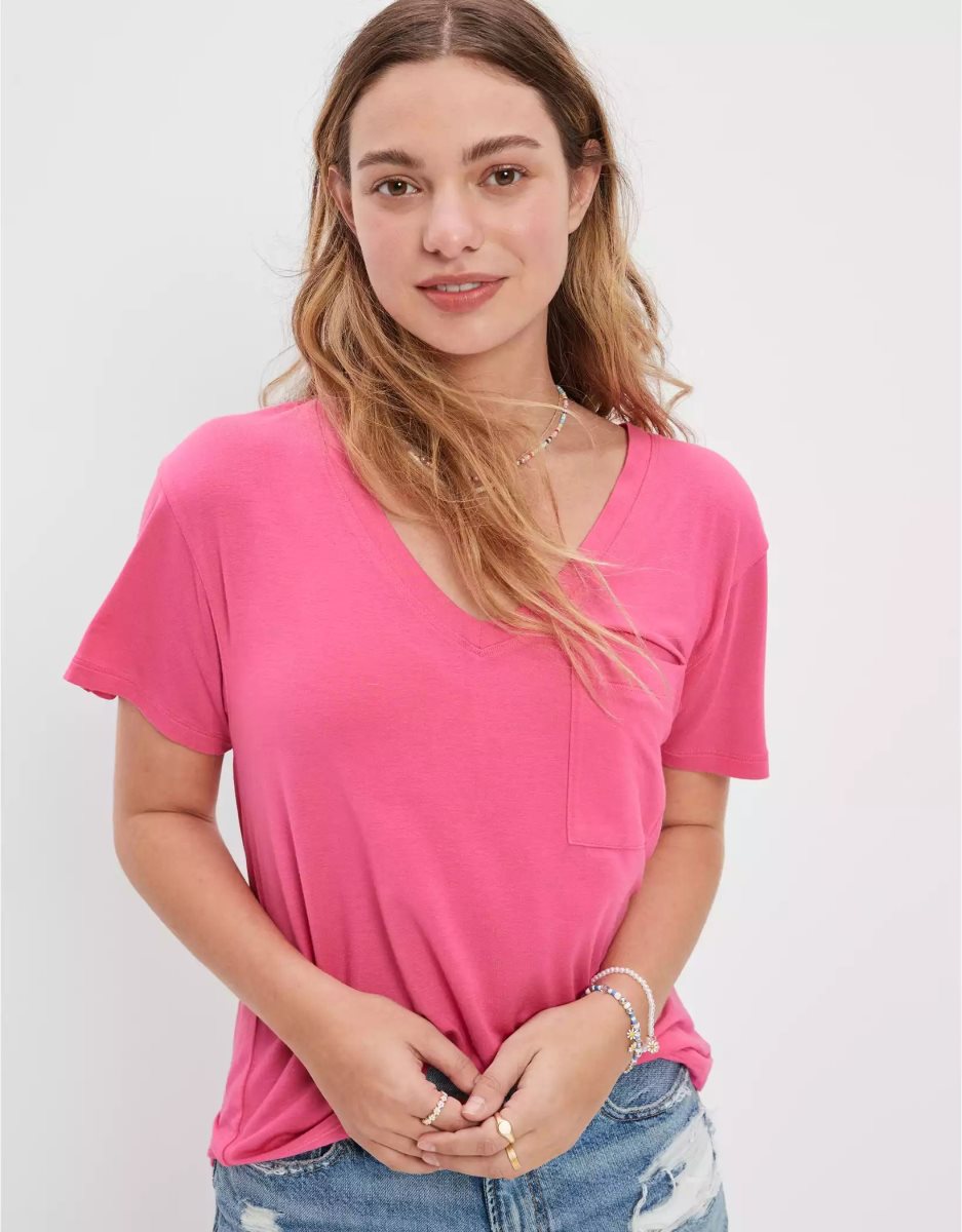 T Shirts American Eagle AE Soft & Sexy V-Neck Pocket Tee Rose Clair Femme | WMH-67974540